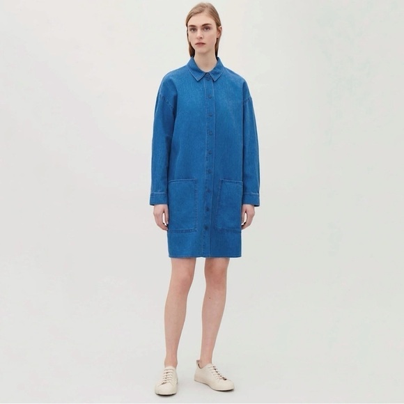 COS Denim Shirt Dress Relaxed Long Sleeve Patch Pocket Button Down Blue 4 - Picture 1 of 16
